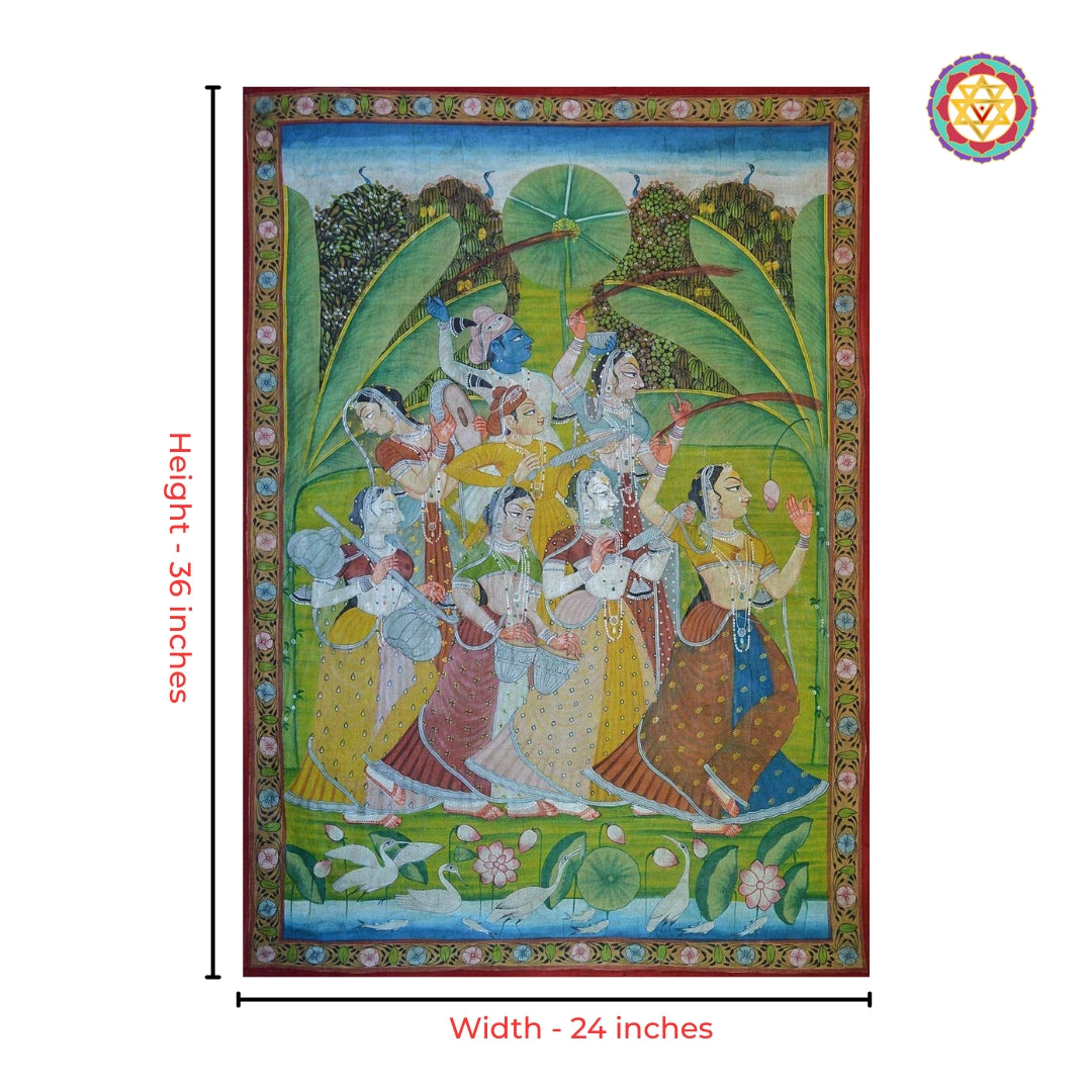 Festive Holi celebration artwork with gopikas in vintage pichwai style