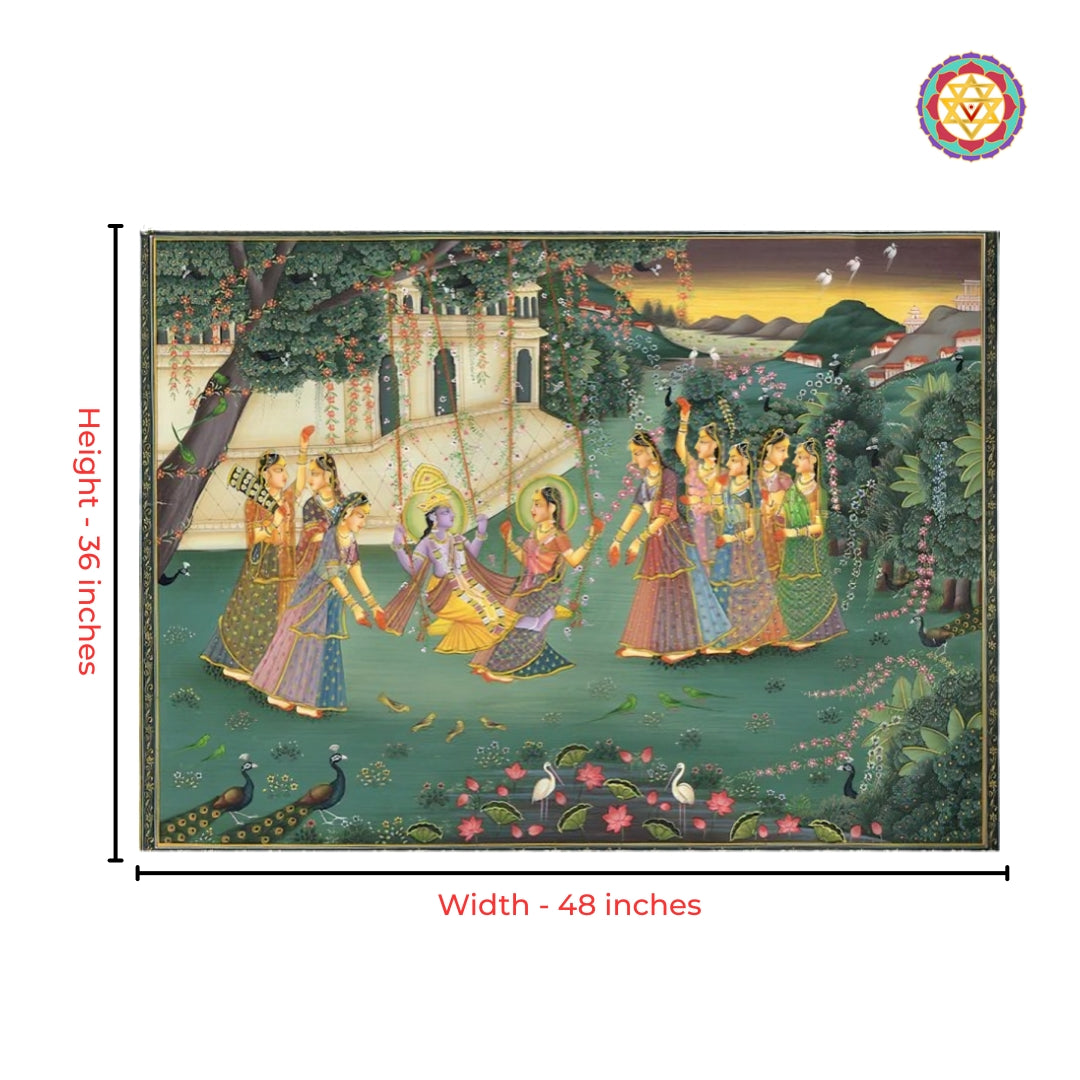 Close-up view of utsav jhula garden raas pichwai artwork with intricate motifs