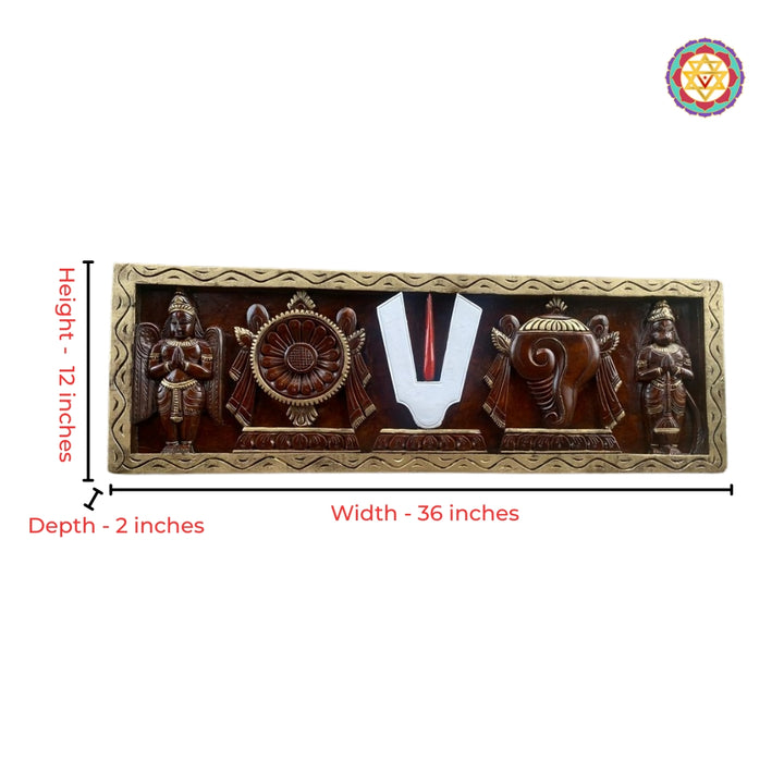 Close-up detailing of Shankh Chakra Namam symbols in antique gold carved panel