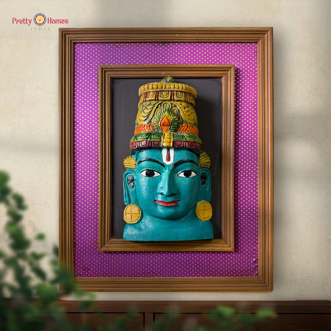 goddess lakshmi wooden face wall hanging with golden frame