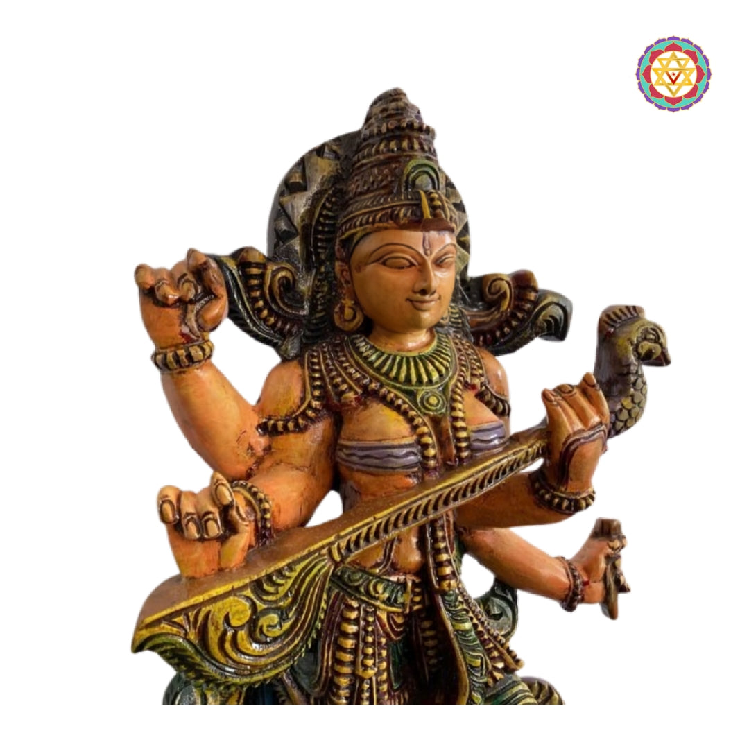 Traditional Saraswati god idols hand carved wooden statue