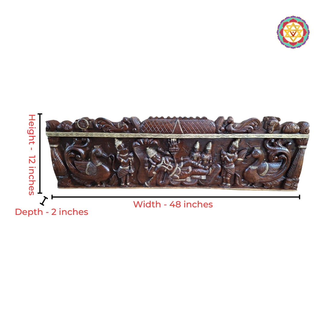 A horizontal hand-carved wooden panel of Resting Vishnu (Anantashayana) with a premium gold polish finish.