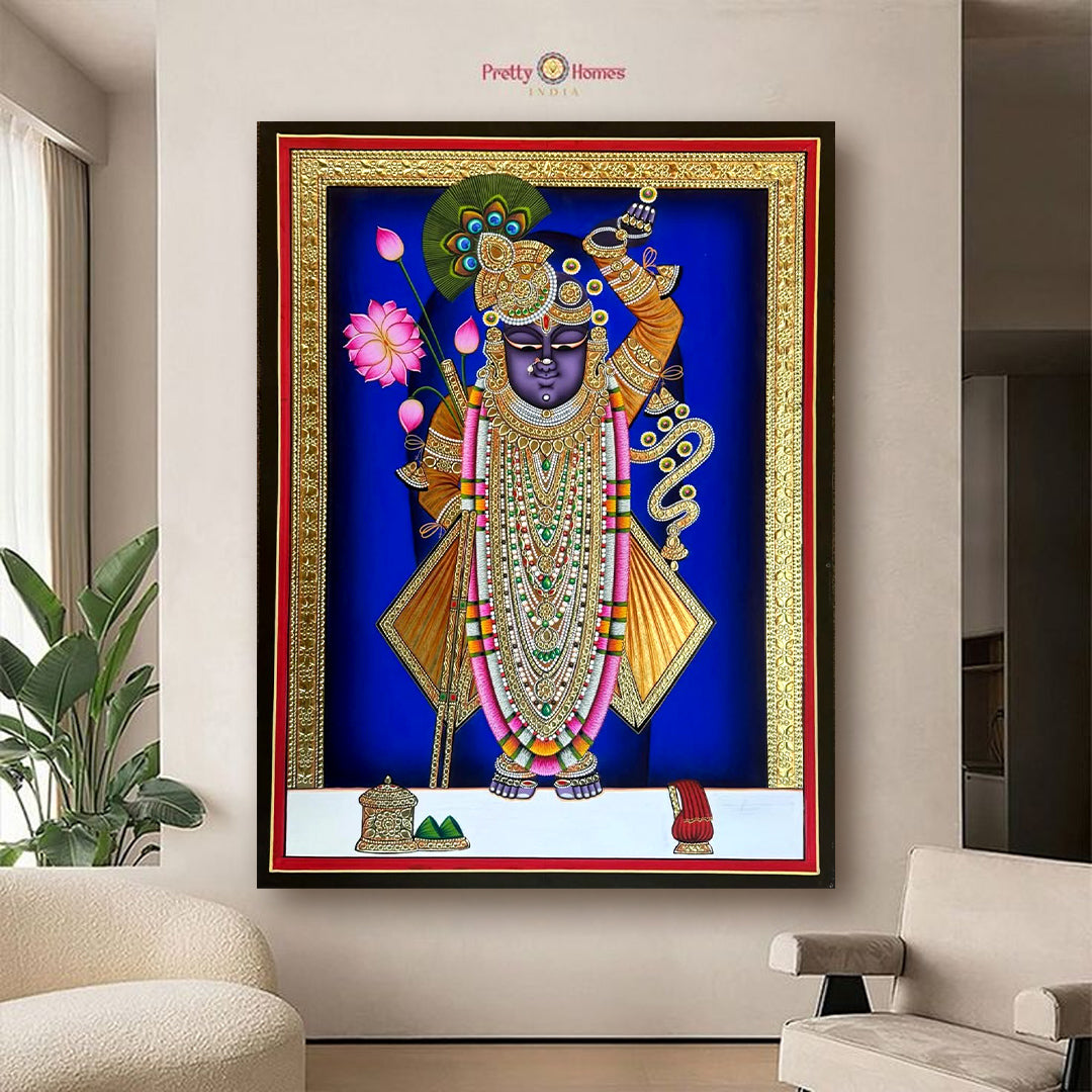 Embossed-style Shrinathji Pichwai with golden border