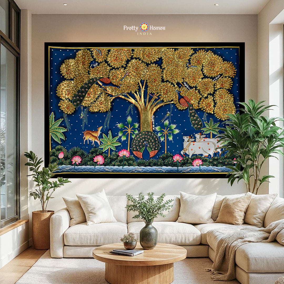 Embossed golden Tree of Life Pichwai with animals and birds