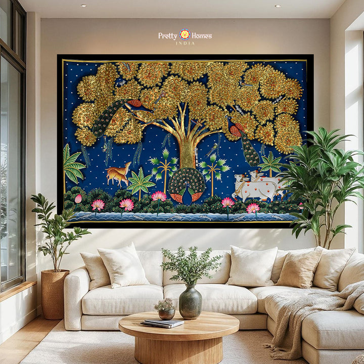 Embossed golden Tree of Life Pichwai with animals and birds