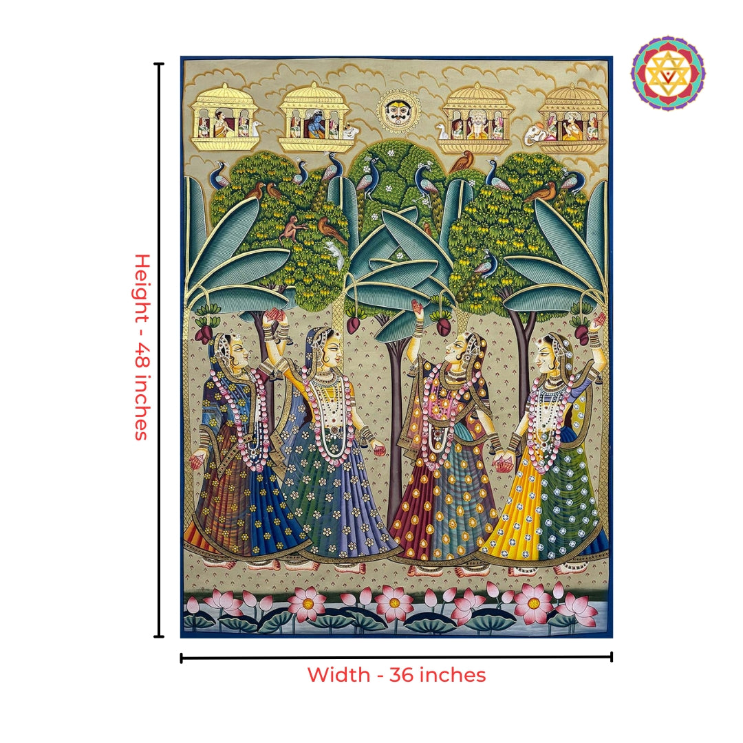 Full view of horizontal gopikas dancing pichwai artwork with antique finish