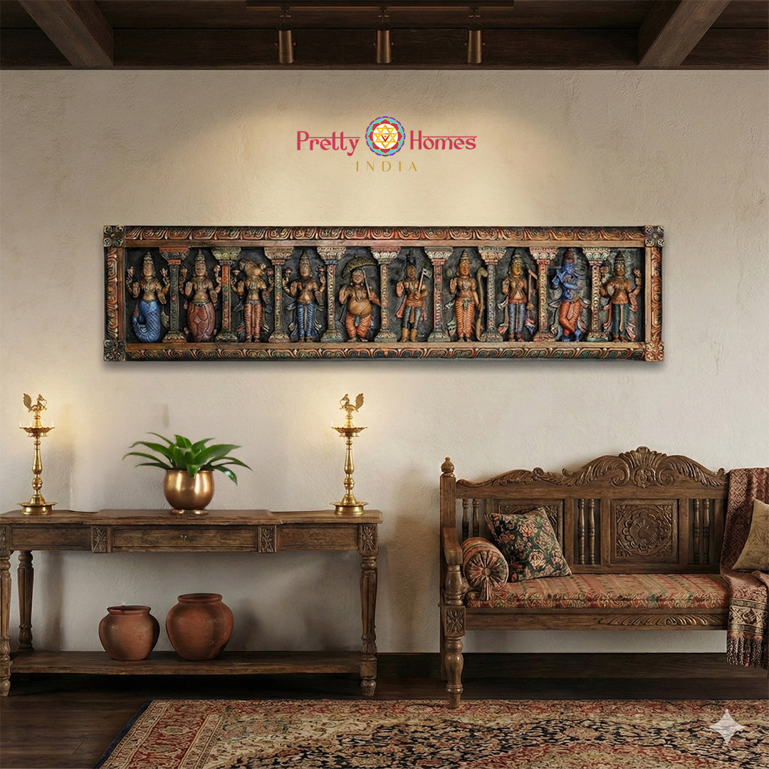 Seventy-two inch grand Dasavathar wood panel masterpiece with temple carvings