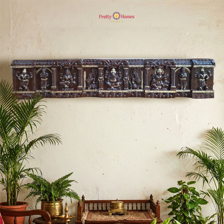 Wood carved horizontal Gaja Ganesh panel with intricate temple-style carvings
