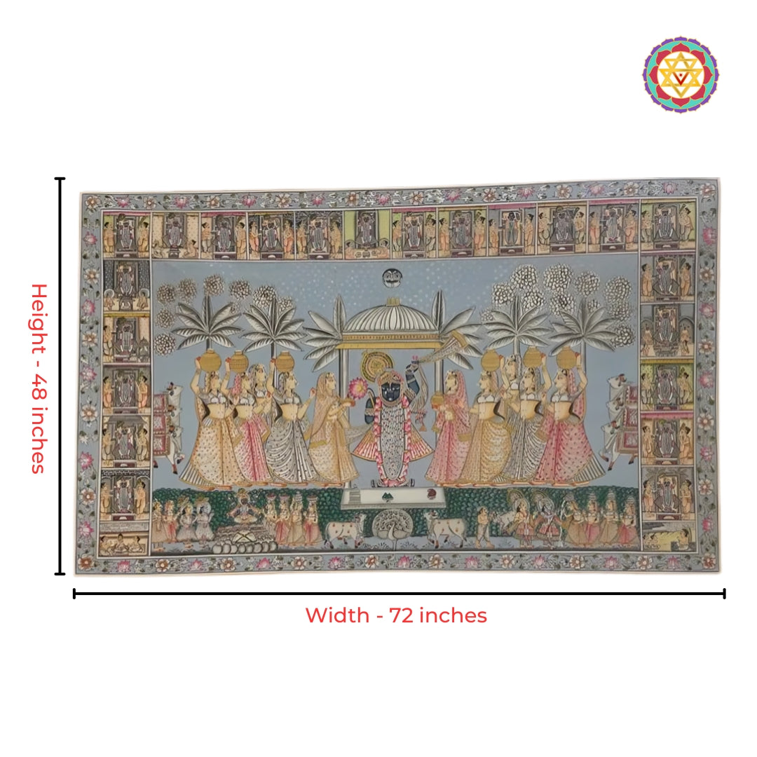 Close-up detailing of antique Shrinathji pichwai artwork with traditional heritage motifs
