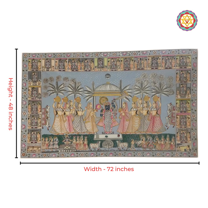 Close-up detailing of antique Shrinathji pichwai artwork with traditional heritage motifs