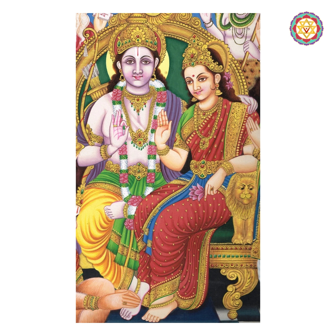 Traditional Ram Darbar pichwai artwork with intricate heritage composition
