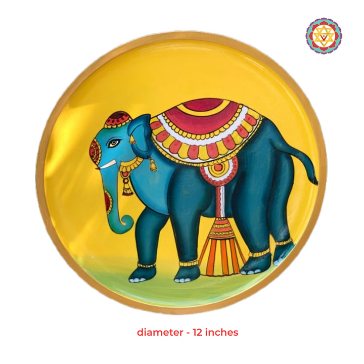 Guardian elephant hand painted Pichwai wall plate traditional Indian art for devotional luxury decor