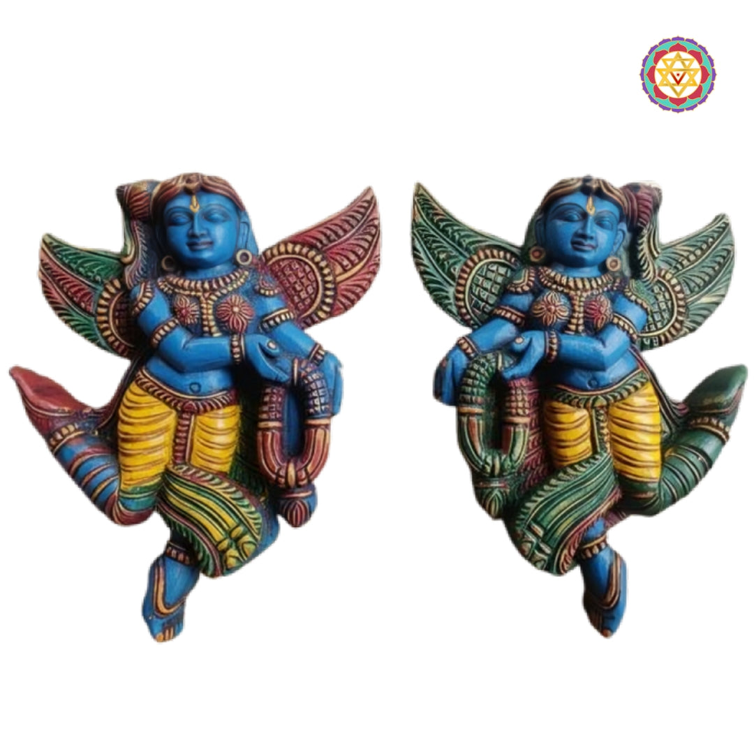 Traditional Indian celestial Gandharva angels carved wooden wall mount decorative pair