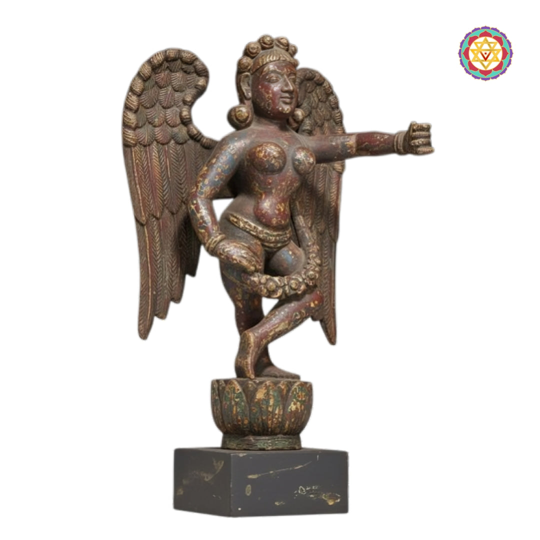 Full view of vintage Gandharva tabletop angel sculpture with detailed craftsmanship