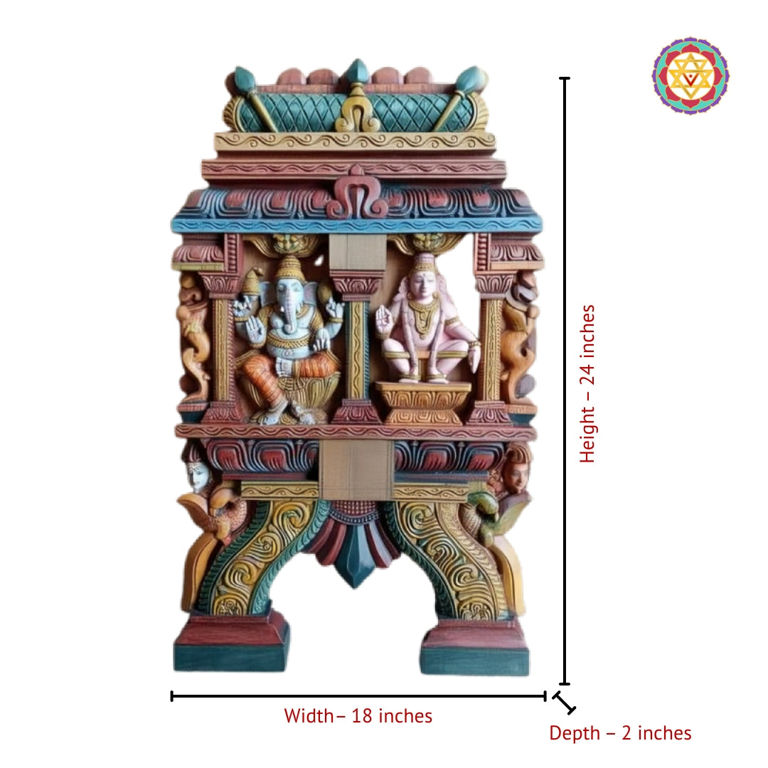 Double style hand carved Ganesha and Lakshmi Kavadi wooden panel for home temple wall
