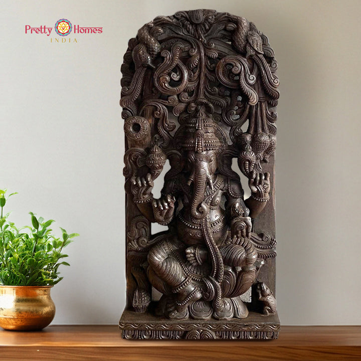 Hand carved ganesha statue wooden canopy wall sculpture