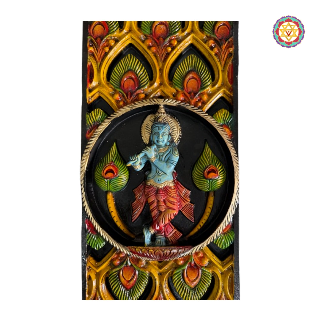 Multicolour krishna idol wood carving vertical wall decor
