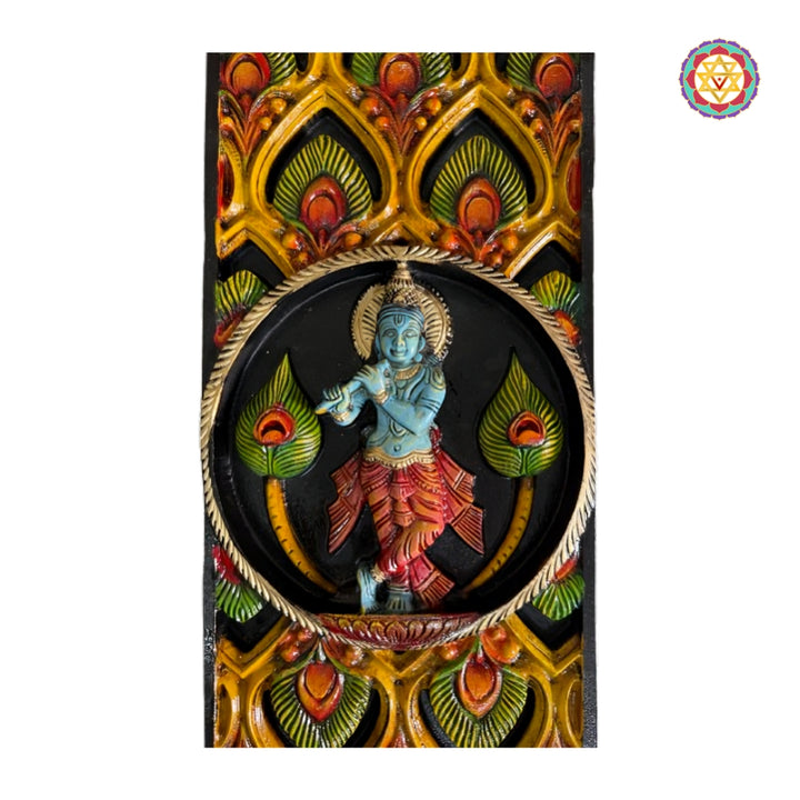 Multicolour krishna idol wood carving vertical wall decor