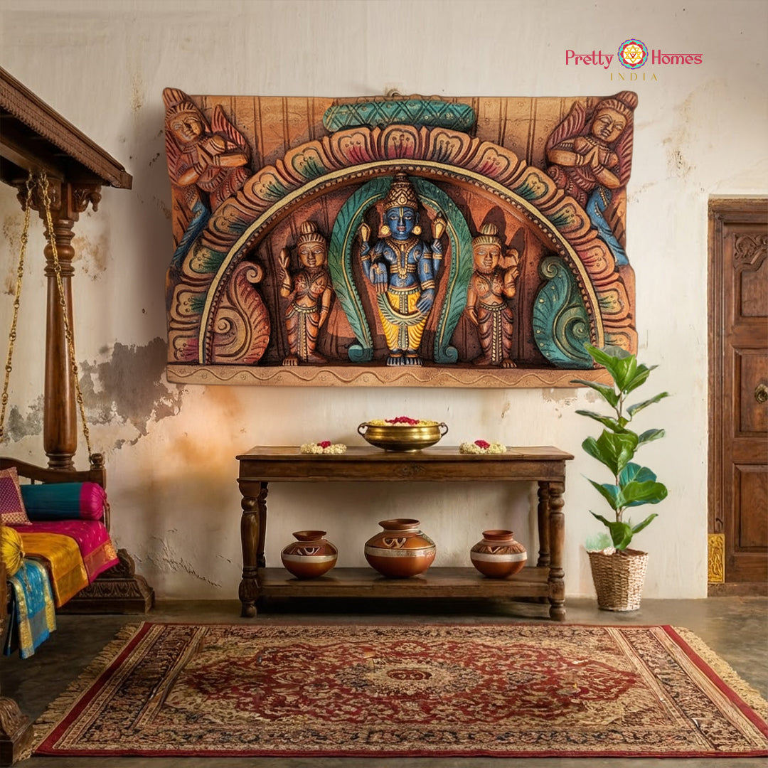 Horizontal Lord Vishnu wooden wall panel with consorts Lakshmi and Bhudevi hand carved decor