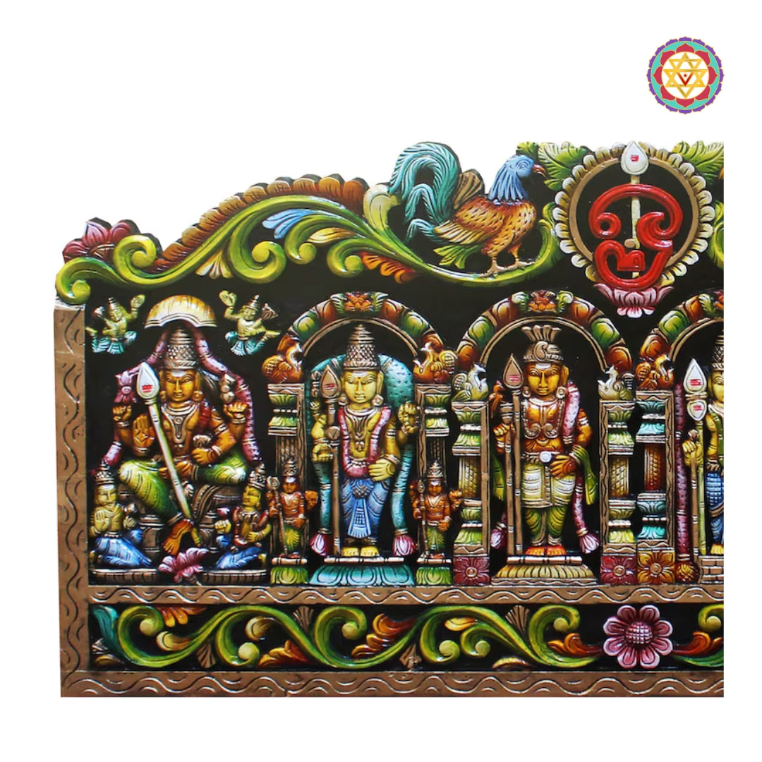 Majestic wood carved Lord Murugan horizontal wall panel with temple artistry