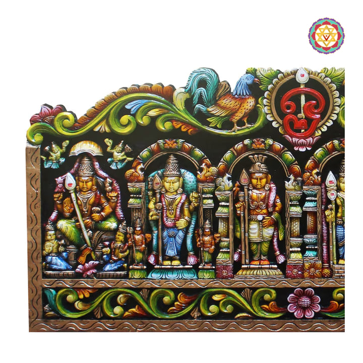 Majestic wood carved Lord Murugan horizontal wall panel with temple artistry