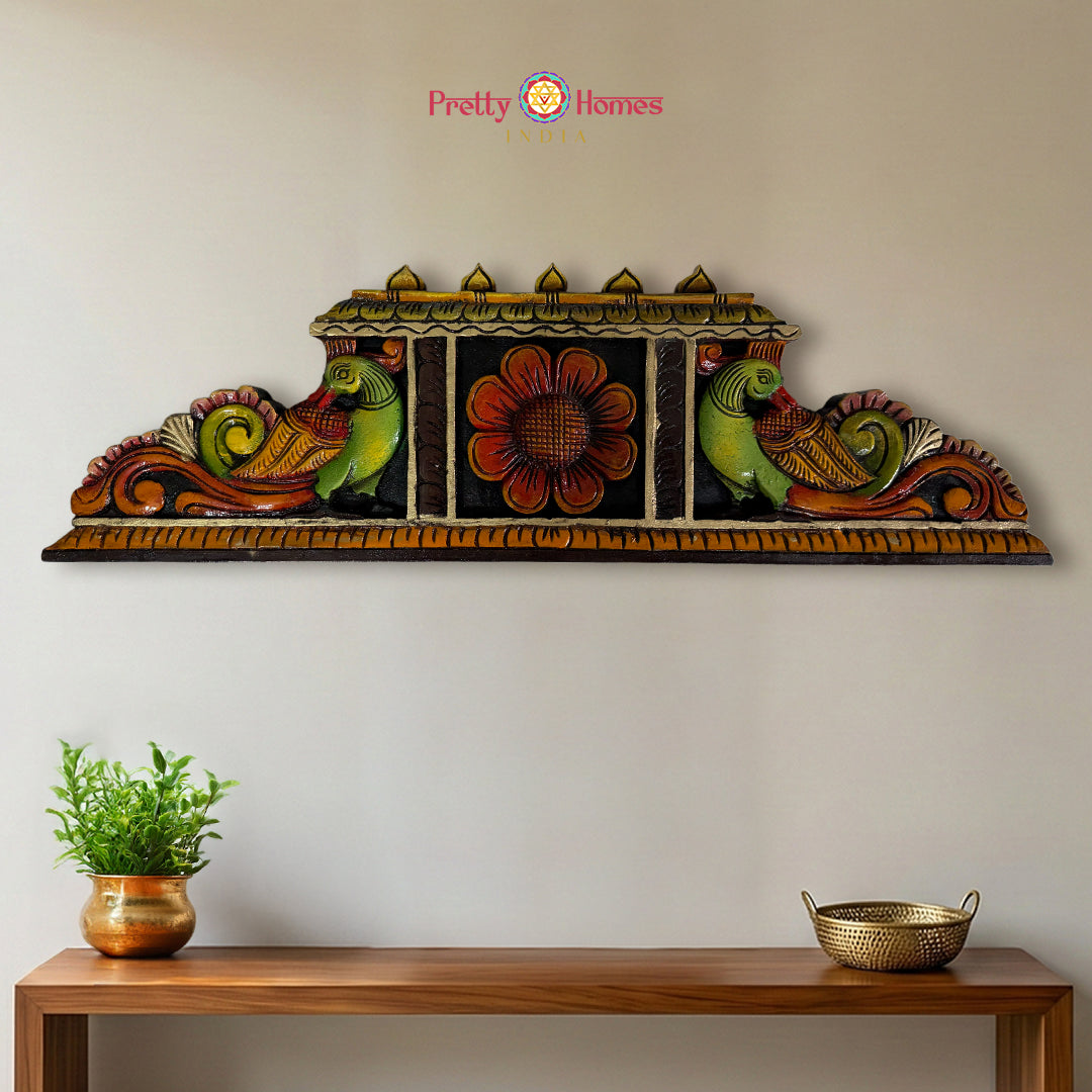 Hand carved peacock wood wall decor gopuram design panel