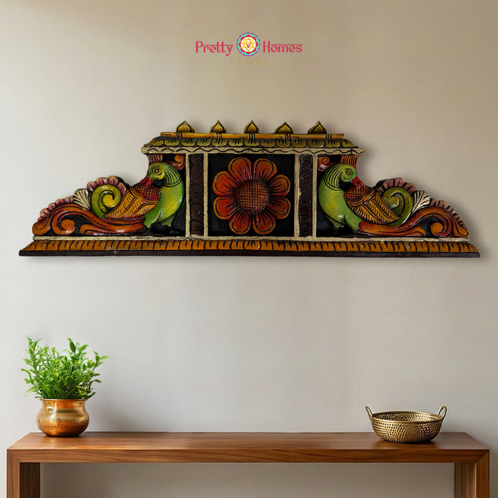 Hand carved peacock wood wall decor gopuram design panel