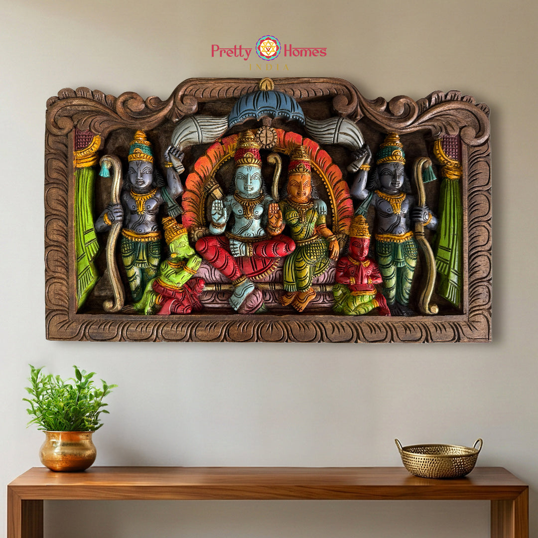 Hand carved ram darbar statue wooden wall panel decor