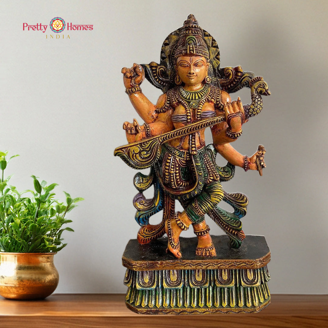 Hand carved Saraswati god statue wooden tabletop sculpture