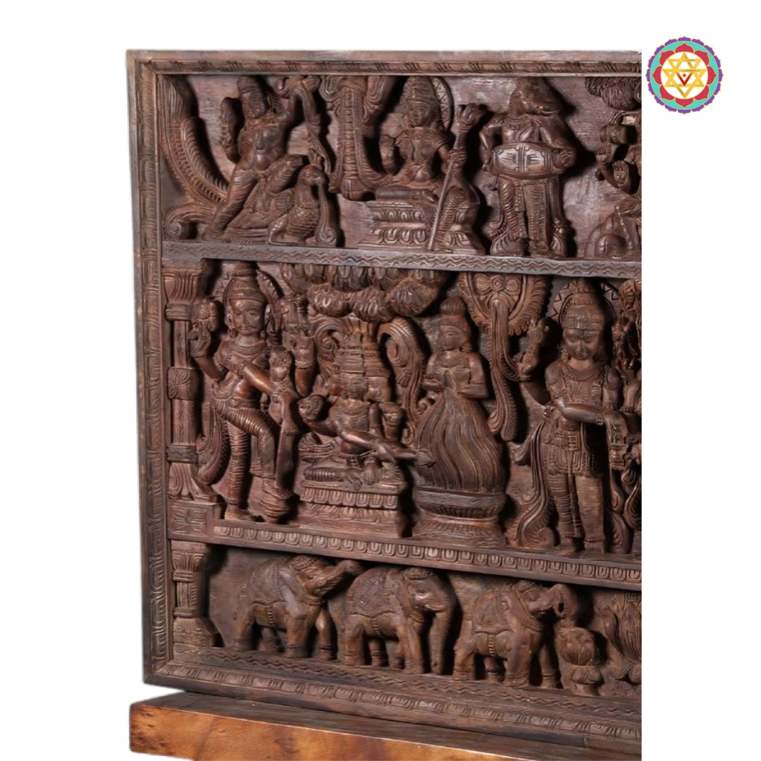 Large handcrafted horizontal Shiva Parvati Meenakshi Kalyanam carved teak wood temple panel