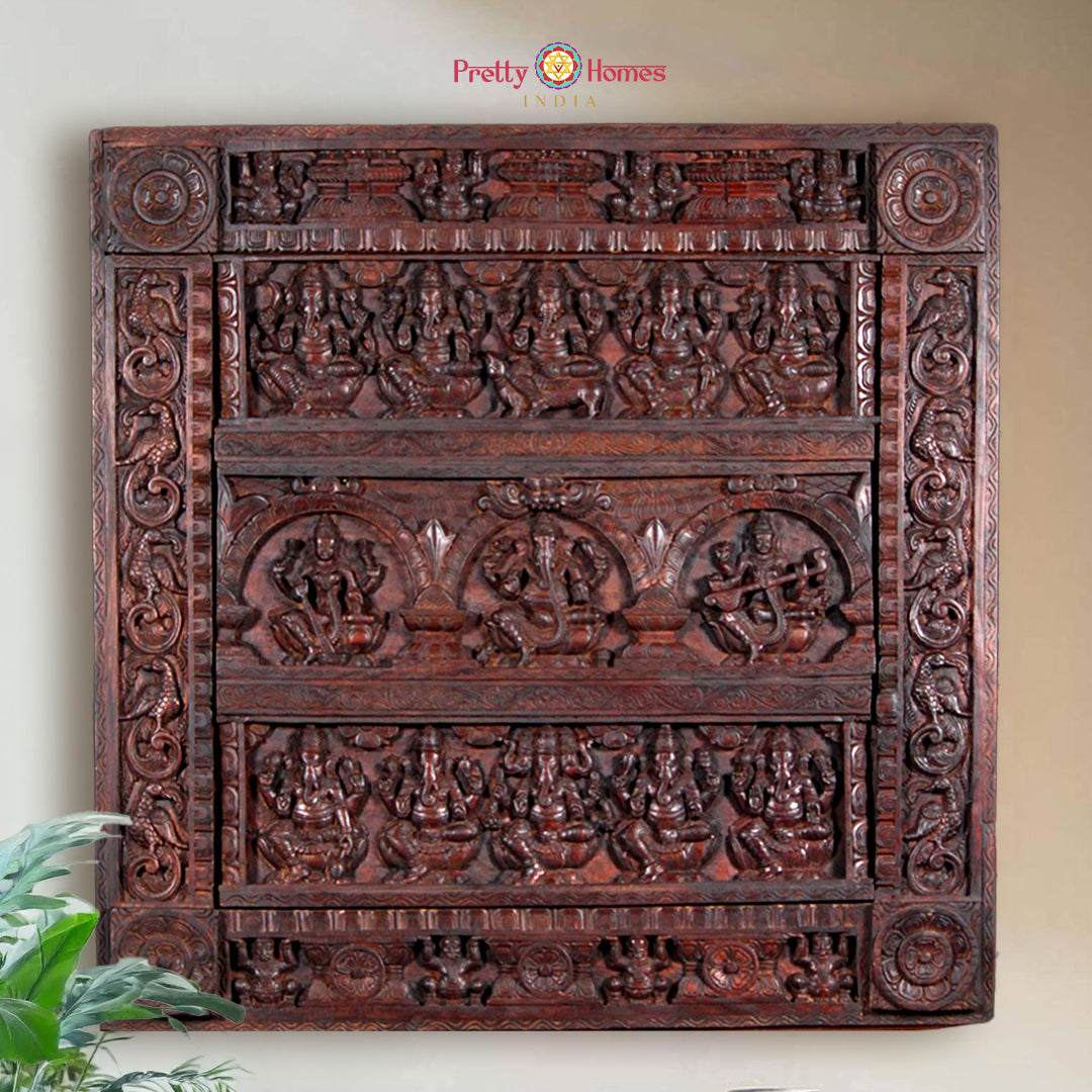 Hand-Carved Square Ganesh–Lakshmi–Saraswati with Ashtaganesh Wall Frame