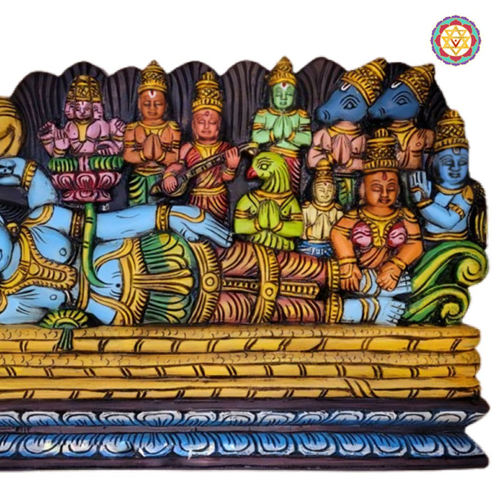 hand carved teak wood vishnu reclining sculpture panel