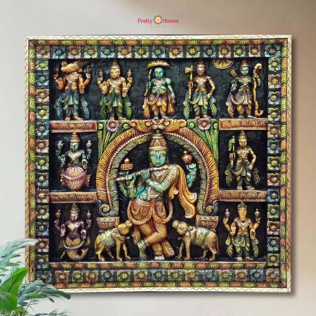 Hand-carved Flute Krishna wood wall panel with Dasavatar