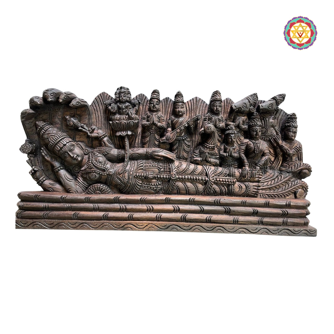Traditional Vishnu Ananthashayanam wood carving panel with fine temple craftsmanship