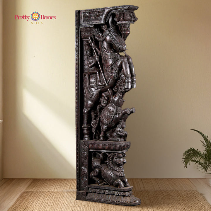 Hand-Carved Wall Horse & Warrior with Yali Corbels Wooden Wall Decor