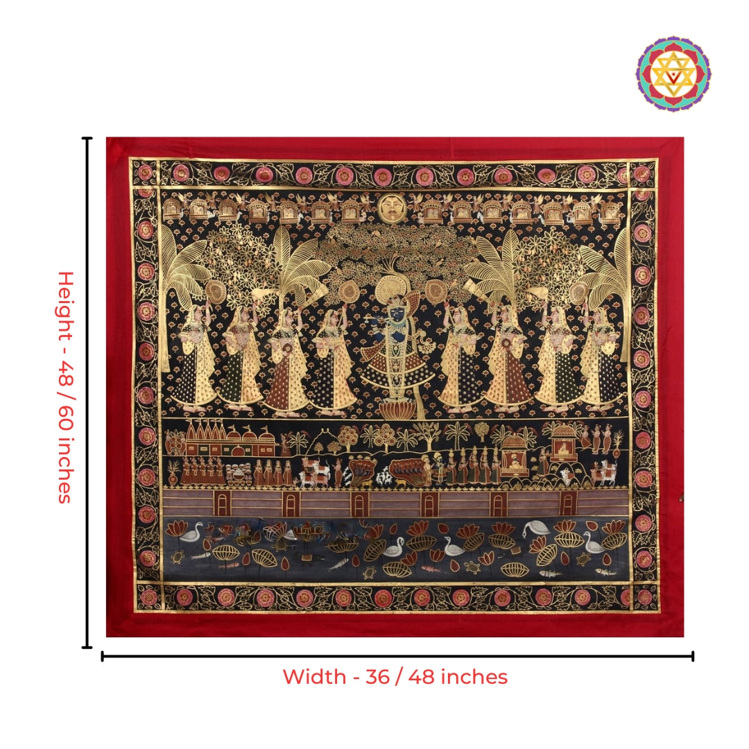 Close-up detailing of antique style Shrinathji pichwai wall art composition