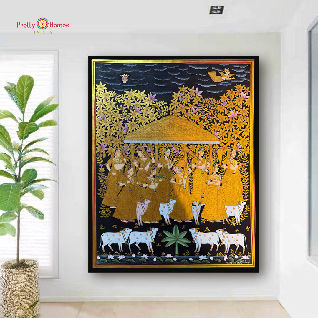 Heritage style handpainted Pichwai painting of musical apsaras with real gold detailing traditional wall art