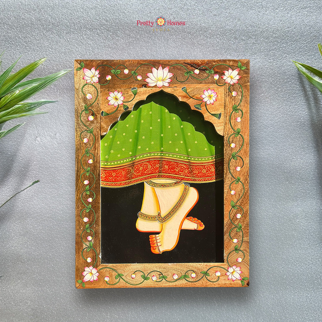 Rectangular hand painted Radha Charan feet miniature wall hanging pair traditional devotional art frame