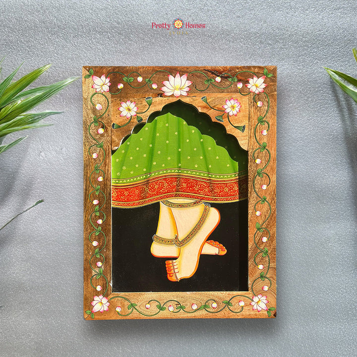 Rectangular hand painted Radha Charan feet miniature wall hanging pair traditional devotional art frame