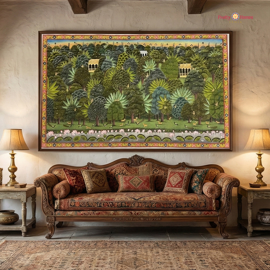 Handpainted jungle theme pichwai artwork with vibrant forest-inspired traditional design