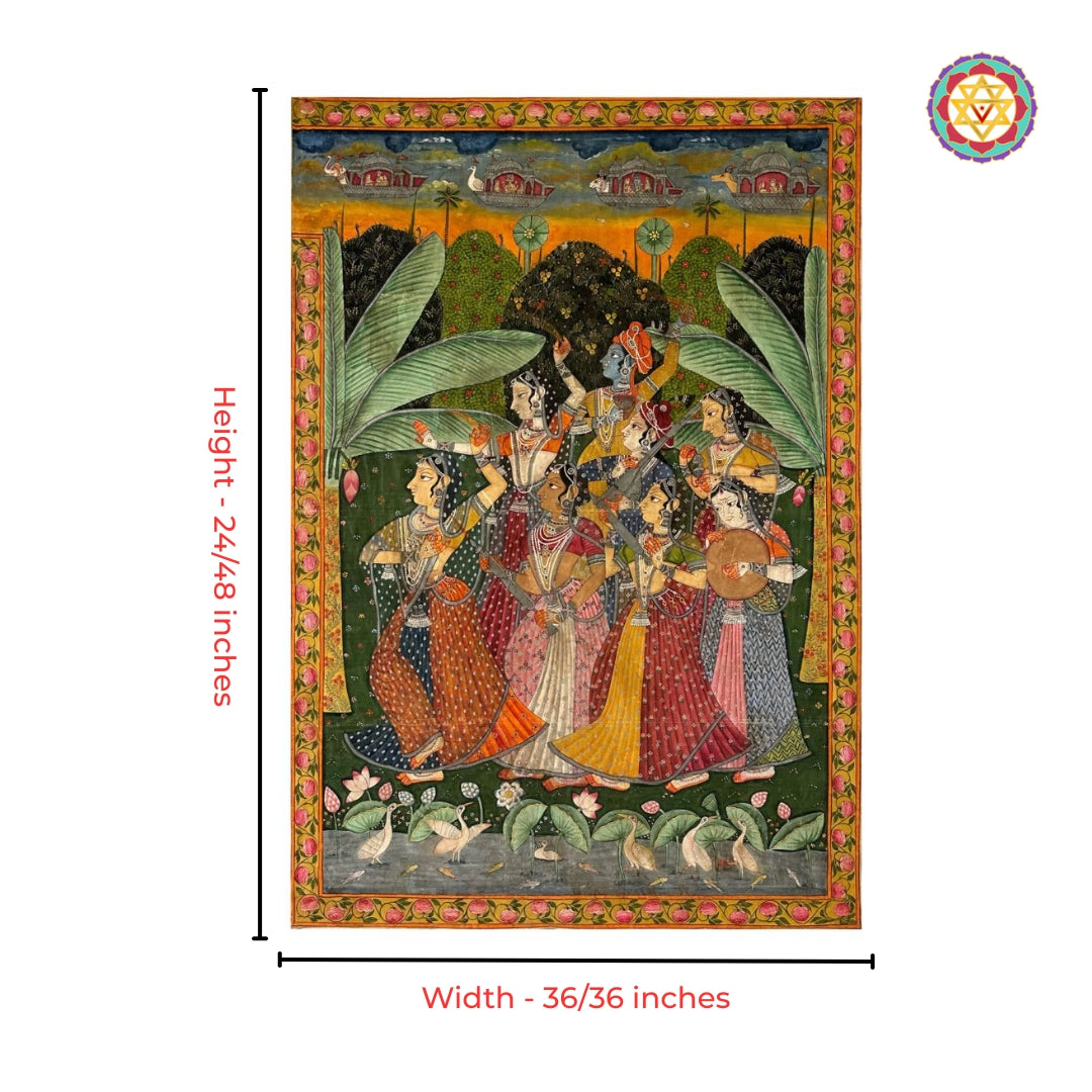 Close-up detailing of Krishna with vibrant gopikas in traditional pichwai style