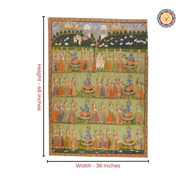 Close-up detailing of flute Krishna pichwai painting with vintage heritage motifs