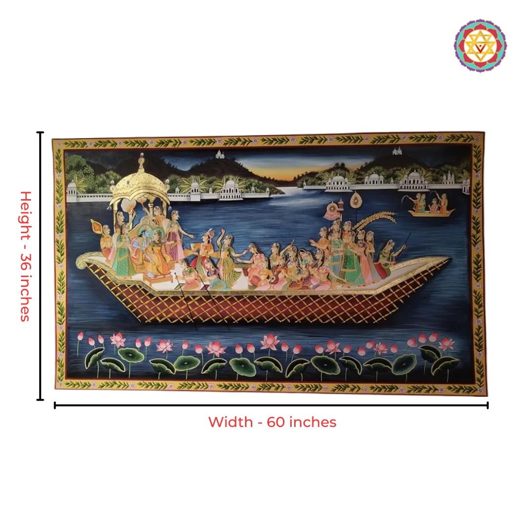 Full view of horizontal Nauka Vihar pichwai wall art featuring sakhis and heritage style