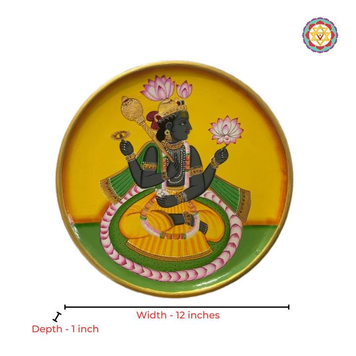 Close-up view of celestial Vishnu round pichwai artwork with intricate detailing