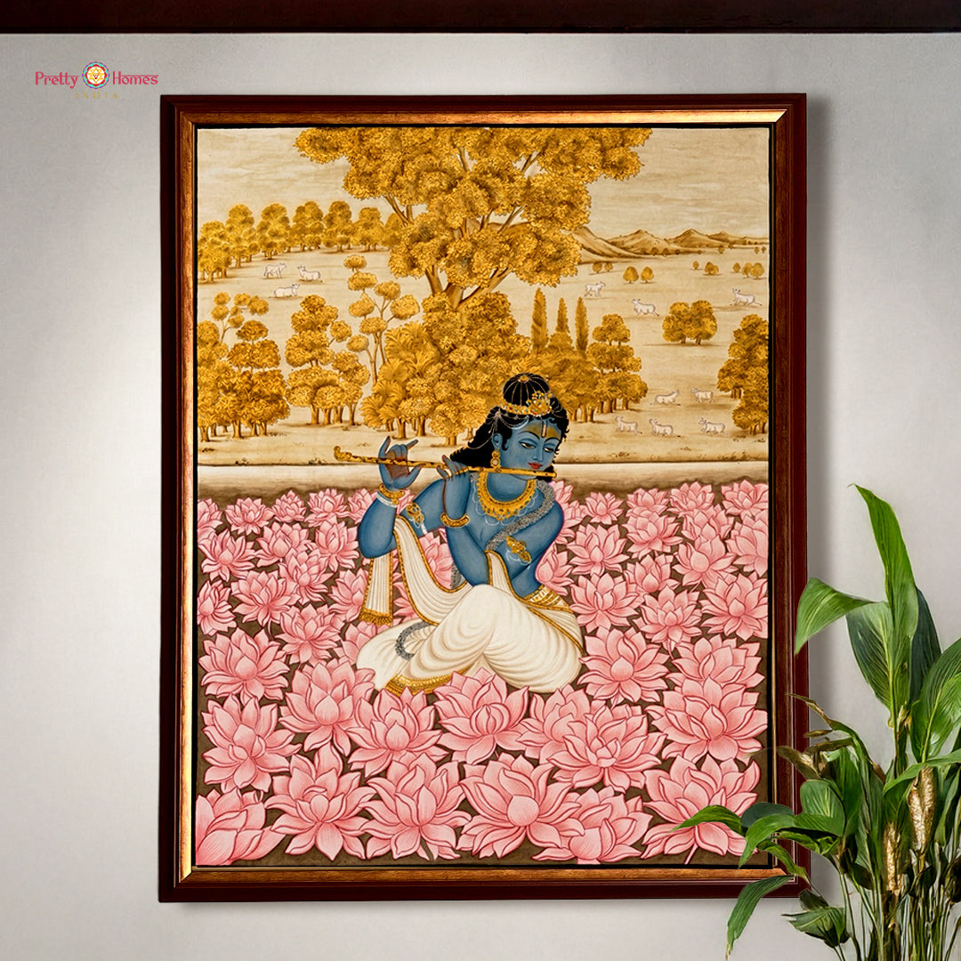 Hand painted paintings of Krishna with flute in a lotus garden.