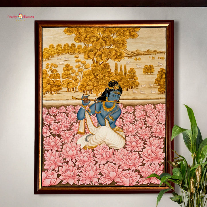 Hand painted paintings of Krishna with flute in a lotus garden.