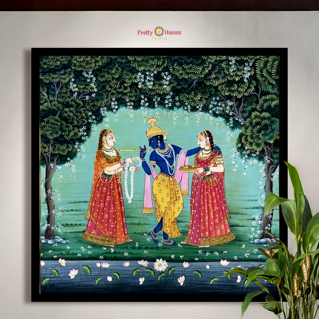 Hand painted paintings of Krishna and Radha in Pichwai style.