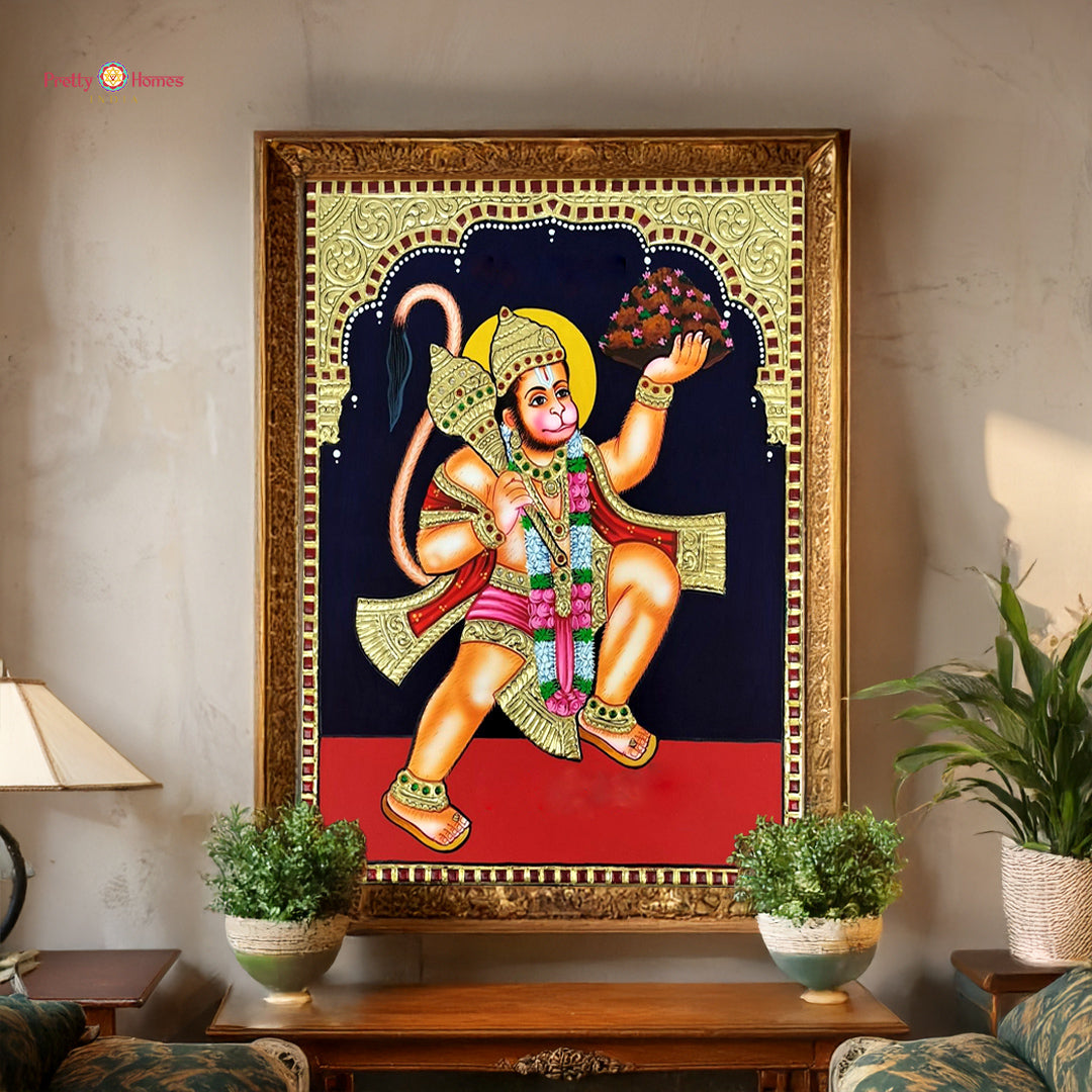 Hand painted tanjore painting of Lord Hanuman carrying Parvat on teakwood with gold foil