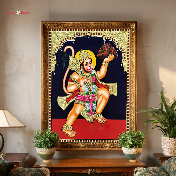 Hand painted tanjore painting of Lord Hanuman carrying Parvat on teakwood with gold foil