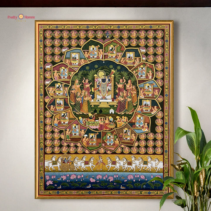 Hand painted paintings of Shrinathji with royal horse chariots.